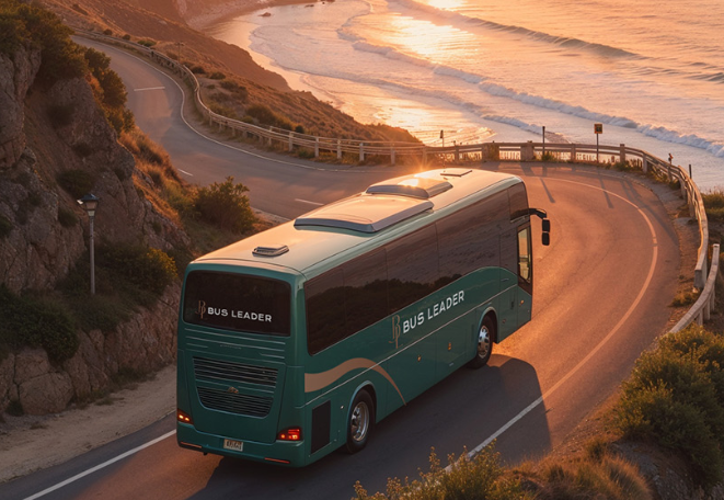 Autobús Bus Leader recorriendo una carretera costera